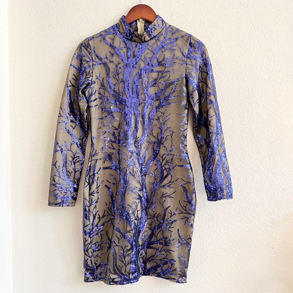 Purple Sequined Tree Bodycon Mock Neck New Years Eve Party Dress‎ Size XS